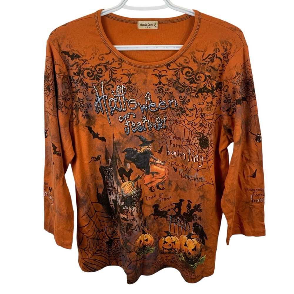 Vintage Studio Gem Q. Halloween Festival Bedazzled Long Sleeve Tee Y2K Orange XL